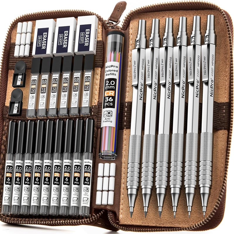 Nicpro 30PCS Silver Metal Mechanical Pencils Set in Leather Case, Art Drafting Pencil 0.5, 0.7, 0.9 mm, 2mm Lead Pencil Holder for Sketching Drawing With 16 Tube (6B 4B 2B HB 2H 4H Colors)Lead Refill - Image 1